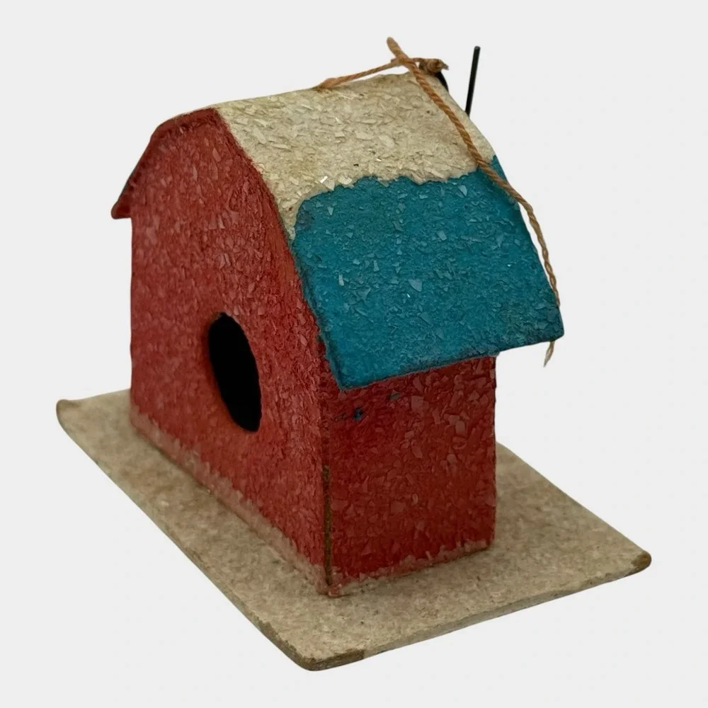 Miniature Putz House Mica Christmas Ornament Red Blue 1950s Japan Vintage